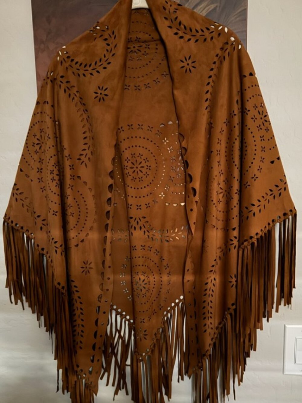 Rust Color Lightweight Faux Suede Like Fabric Western Cowboy Fringe Wrap/Poncho